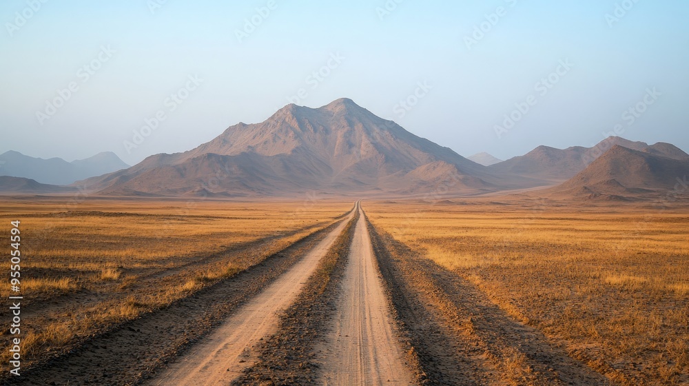 A solitary track through a desert landscape, leading towards distant mountains, symbolizing isolation and freedom.72301b116626 A solitary track through a desert landscape, leading towards distant mountains, symbolizing isolation and freedom.72301b116626