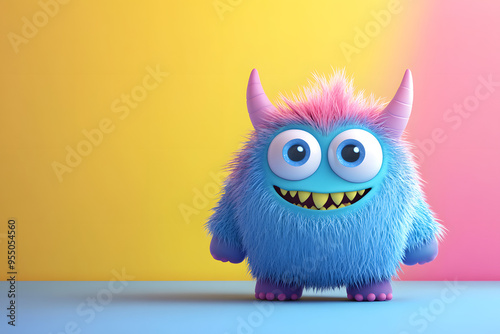  "Cute 3D Cartoon Monster on Colorful Background"