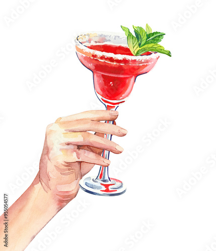Watercolor hand holding summer aperitif Margarita cocktails glass simple sketch illustration on white background DIY elements for bar menu social media ads and posters