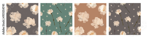 Set of seamless delicate patterns with white flowers. Carnations on bed background for wedding invitations and birthday