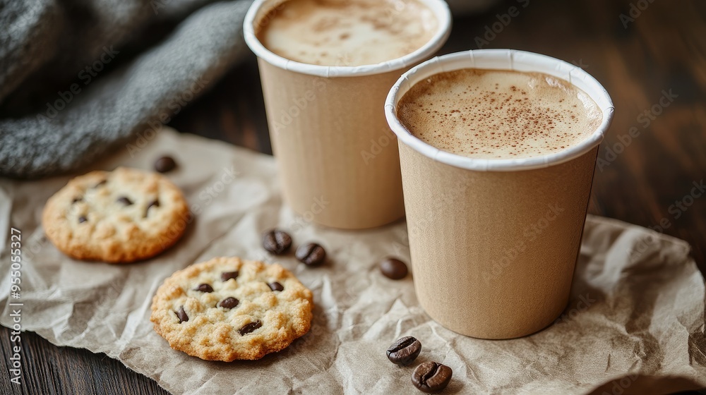 Coffee break at the table with pastries on a napkin and paper cups Coffee break at the table with pastries on a napkin and paper cups