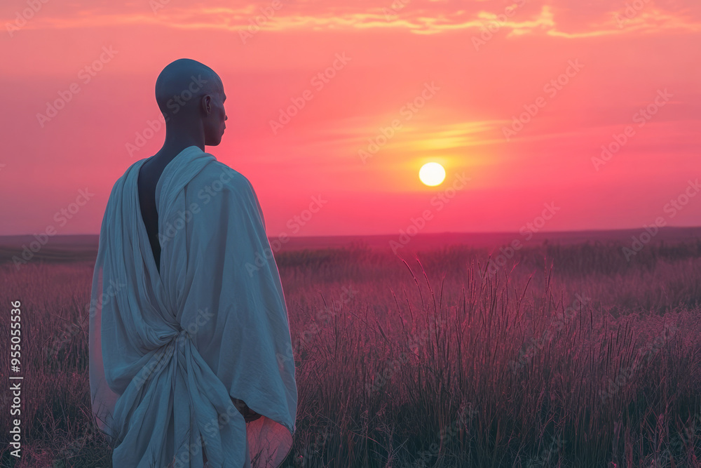 A person with a shaved head wearing a simple white robe, standing in a field at sunrise, isolated on a pastel pink background, A person with a shaved head wearing a simple white robe, standing in a field at sunrise, isolated on a pastel pink background,