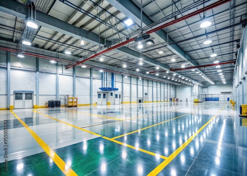 A modern, clean, and well-lit industrial warehouse floor with static-dissipative tiles and marking lines, ensuring a safe and controlled environment for electronics production.