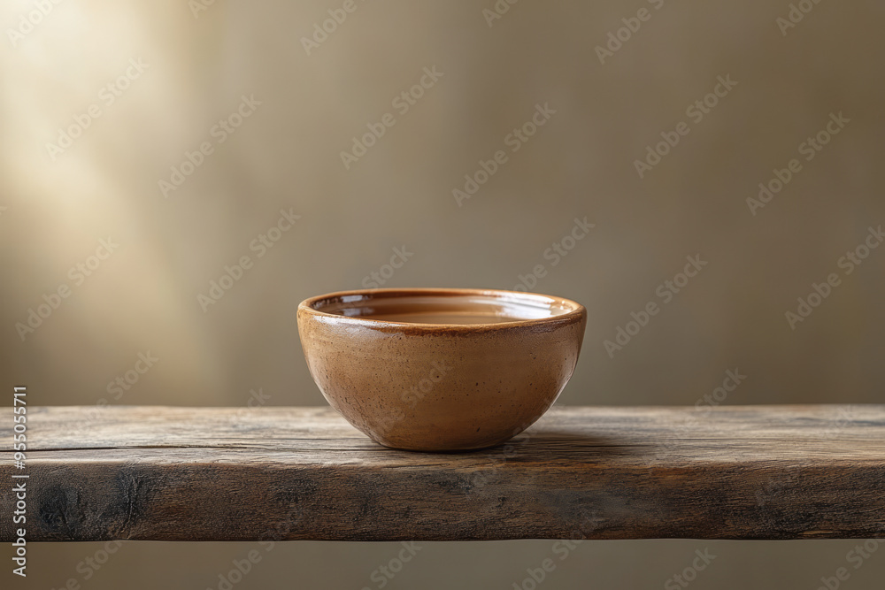 A clay cup filled with water, placed on a rough wooden table, isolated on a pastel beige background, A clay cup filled with water, placed on a rough wooden table, isolated on a pastel beige background,