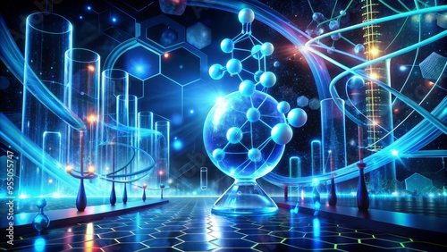 Illustration of a futuristic laboratory with abstract molecules, atoms, and DNA helices intertwined with precise line drawings and subtle neon lighting, symbolizing cutting-edge research. photo