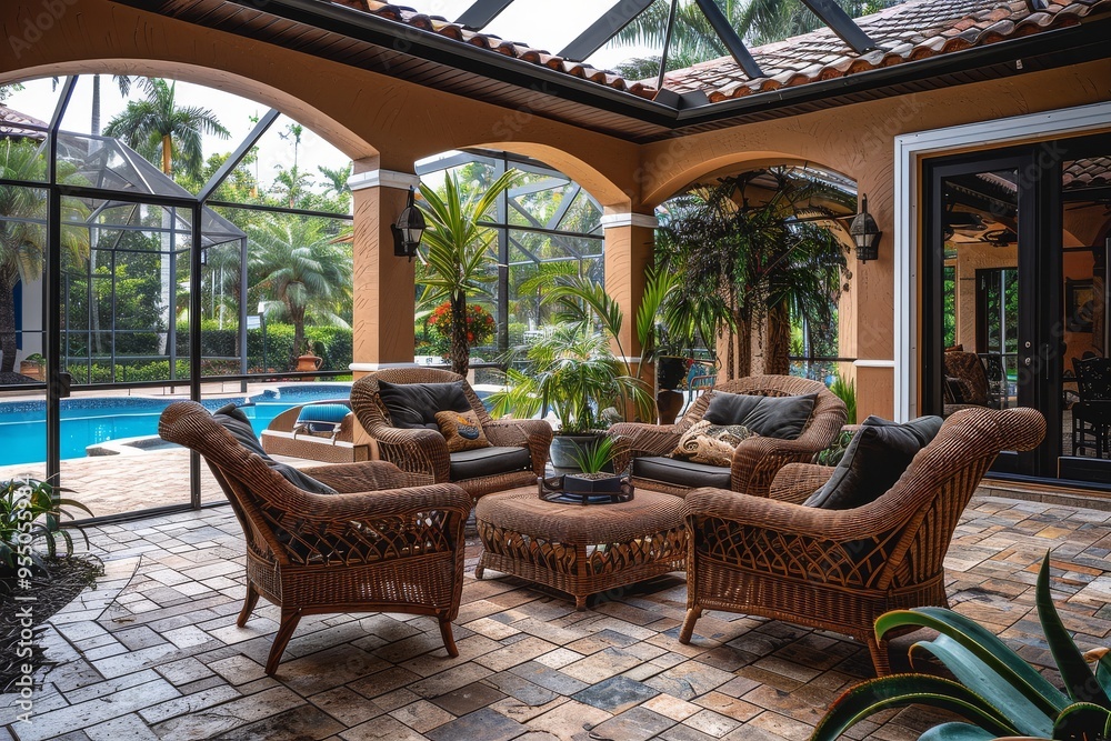 Fototapeta premium Luxurious South Florida open concept home interior with outdoor patio, palm trees, pool, paver flooring, tile roof, and decorative glass door panels.