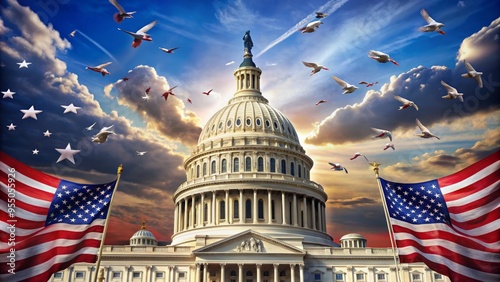 Illustration of the United States Capitol dome surrounded by American flags, eagles, and stars, symbolizing federal government power and national pride in a patriotic design.