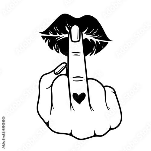Lips Kiss Hand Middle Finger | Middle Finger | Lips Kiss | Fuck You Kiss | Heart Middle Finger | Lips | Mean Mouth | Romantic Sign | Original Illustration | Vector and Clipart | Cutfile and Stencil