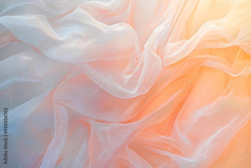 A glowing, translucent curtain of sheer fabric gently flowing against a backdrop of pale blush pink. A glowing, translucent curtain of sheer fabric gently flowing against a backdrop of pale blush pink.