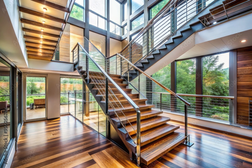 A modern stairway ascends through three levels, featuring sleek metal railings, polished wooden steps, and large windows bathing the space in natural light. A modern stairway ascends through three levels, featuring sleek metal railings, polished wooden steps, and large windows bathing the space in natural light.
