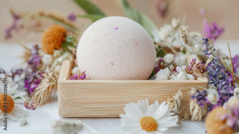 A bath bomb mockup nestled in a tray of dried flowers and herbs, with a natural, earthy color palette. A bath bomb mockup nestled in a tray of dried flowers and herbs, with a natural, earthy color palette.