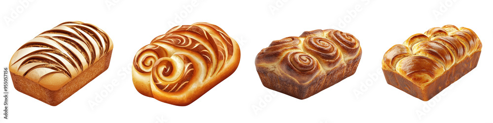 Fototapeta premium A collection of artisan bread loaves featuring unique patterns and textures, perfect for culinary presentations and food photography.