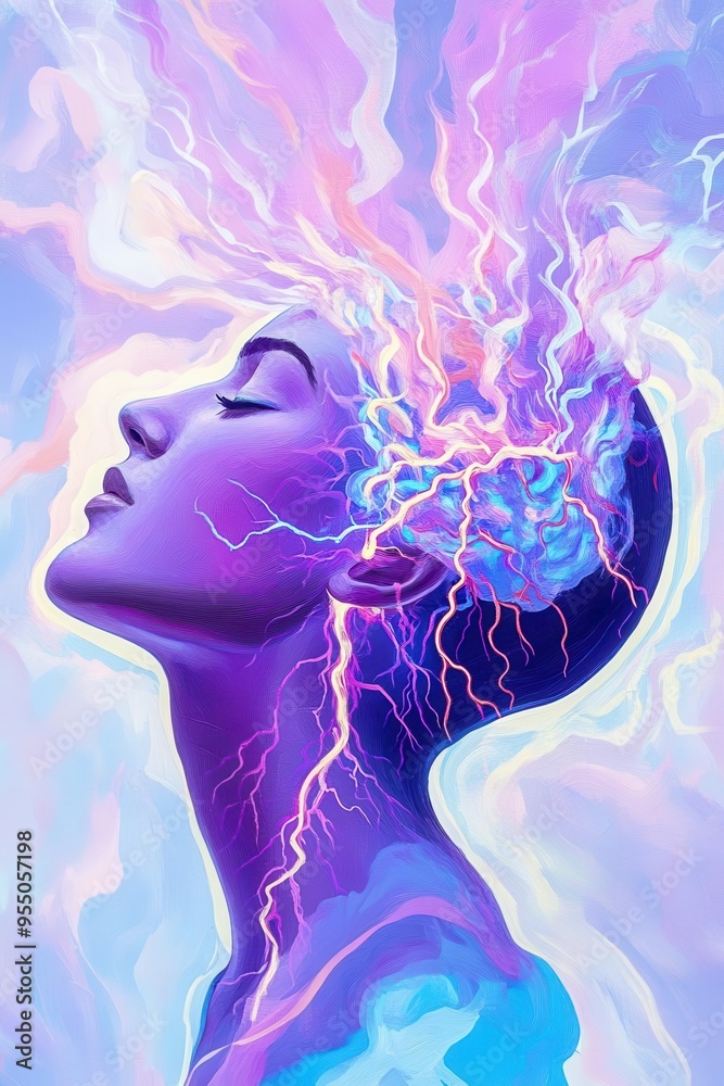 Surreal artwork of a person with vibrant, electric energy radiating from their mind against a pastel background, symbolizing creativity and imagination. Surreal artwork of a person with vibrant, electric energy radiating from their mind against a pastel background, symbolizing creativity and imagination.