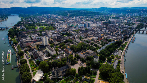 An Aerial panorama around the old town of the city Koblenz on a sunny noon in Germany.