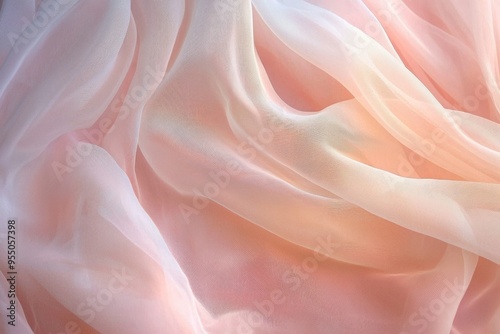 A glowing, translucent curtain of sheer fabric gently flowing against a backdrop of pale blush pink. 