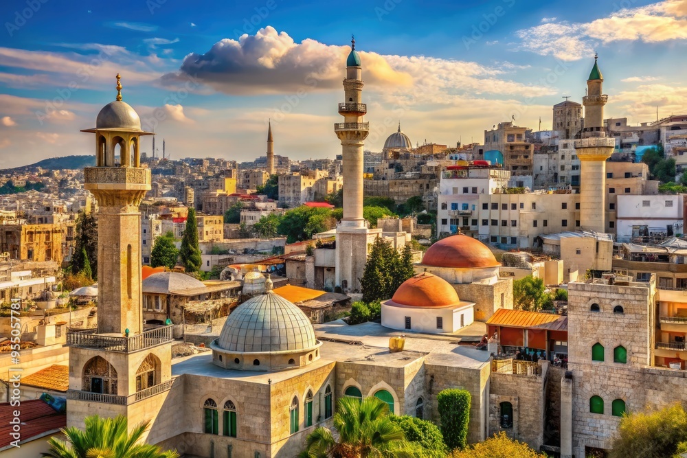 Fototapeta premium Ancient stone architecture and ornate mosques dominate the skyline of Ramallah, a vibrant city and administrative capital of the Palestinian territories in the West Bank.