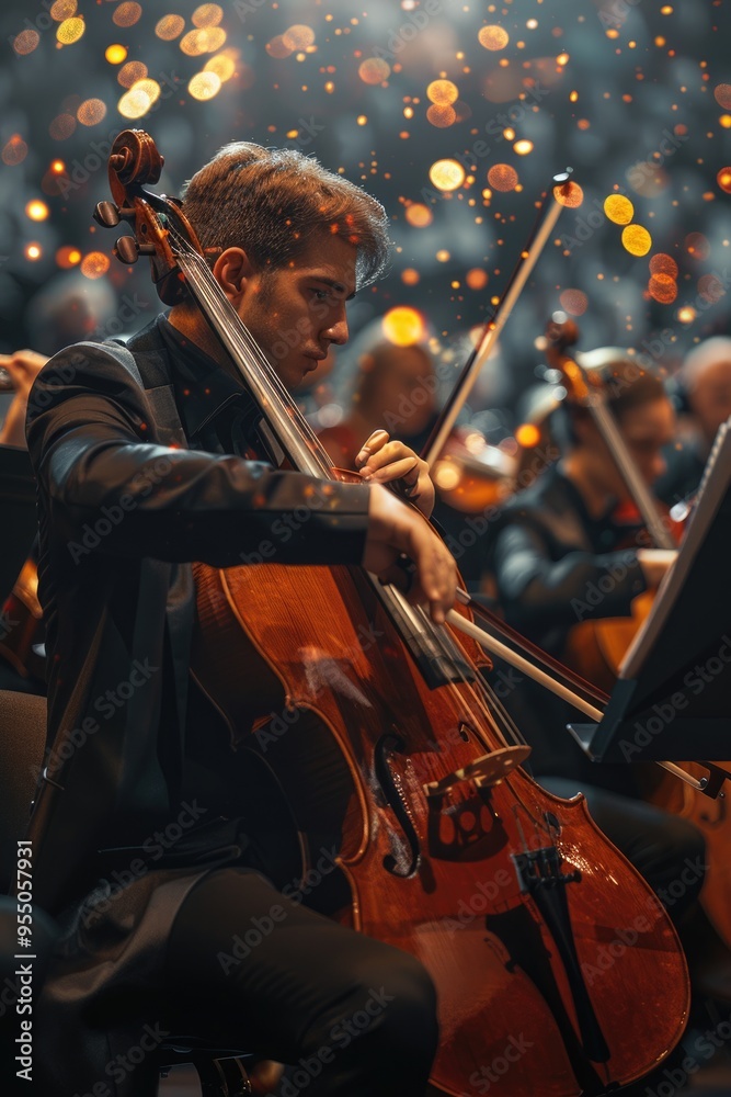 Fototapeta premium Young Cellist Performing in Orchestra Concert with Golden Sunset Lighting