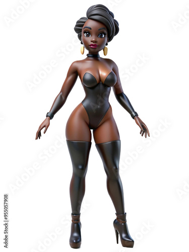 Smiling woman in a stylish black latex outfit and high heels, isolated on a white background