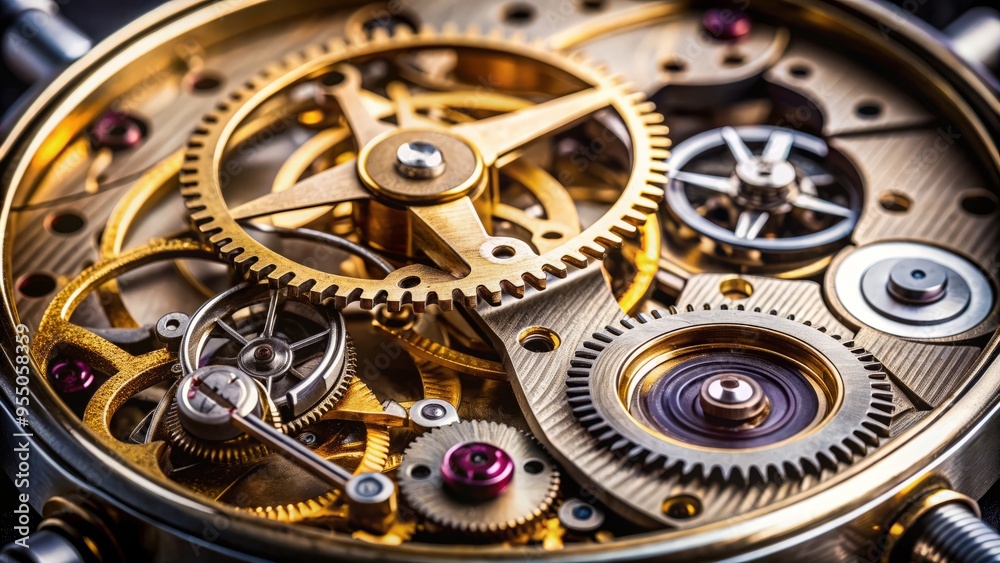 Intricately crafted watch mechanism with gears, springs, and balance wheel, showcasing meticulous precision machining and craftsmanship in a detailed, close-up photograph. Intricately crafted watch mechanism with gears, springs, and balance wheel, showcasing meticulous precision machining and craftsmanship in a detailed, close-up photograph.