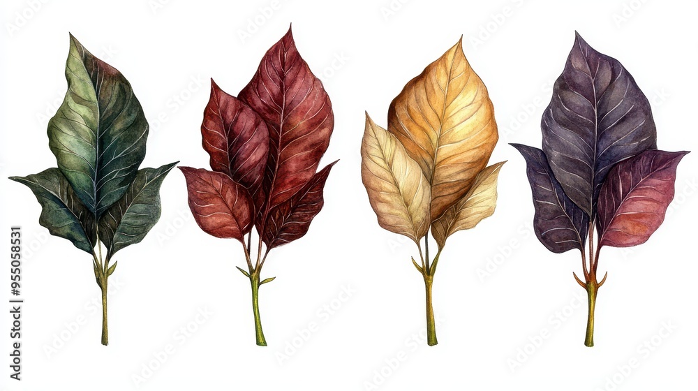 Fototapeta premium Watercolor Painting of Four Different Colored Leaves