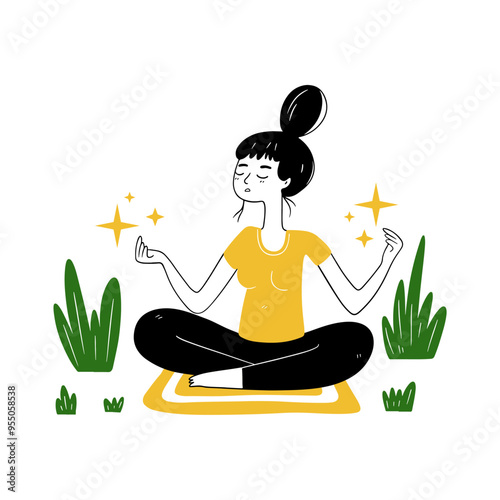 A woman practices a yoga pose on a mat surrounded by nature, combining sports and health. Vector illustration in doodle style on a white background