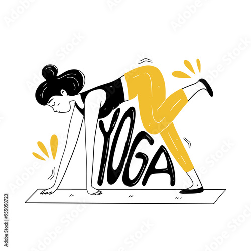 A woman practices a yoga pose on a mat surrounded by nature, combining sports and health. Vector illustration in doodle style on a white background