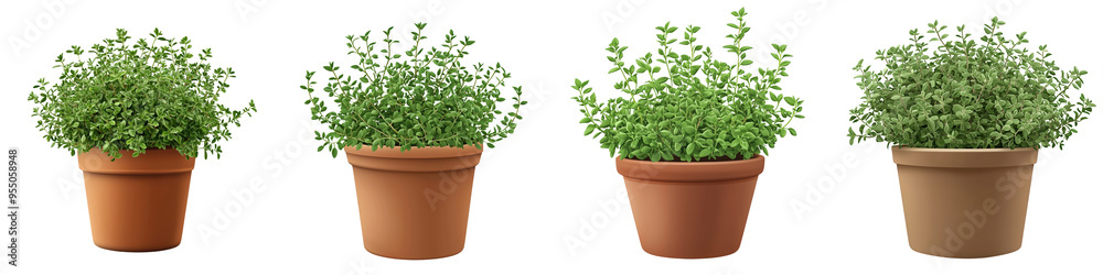 A collection of vibrant green herb plants in various terracotta pots, perfect for home gardening and kitchen decor. A collection of vibrant green herb plants in various terracotta pots, perfect for home gardening and kitchen decor.