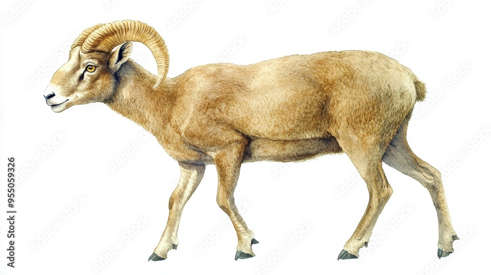 Fototapeta premium Watercolor Illustration of a Brown Mountain Goat with Curved Horns