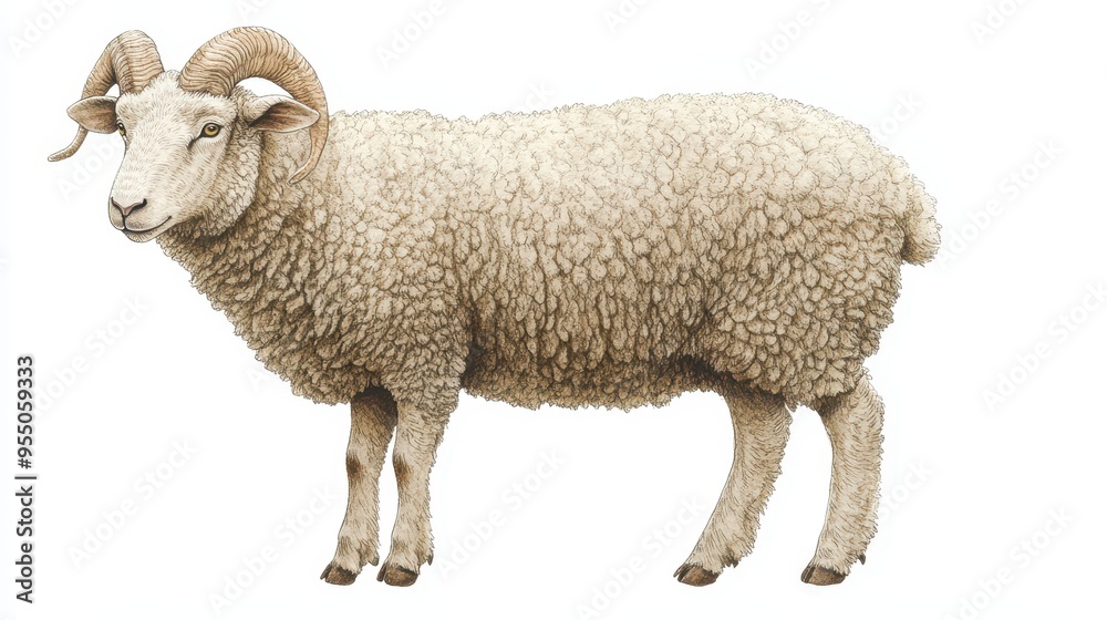 White Sheep with Curved Horns Standing on White Background White Sheep with Curved Horns Standing on White Background