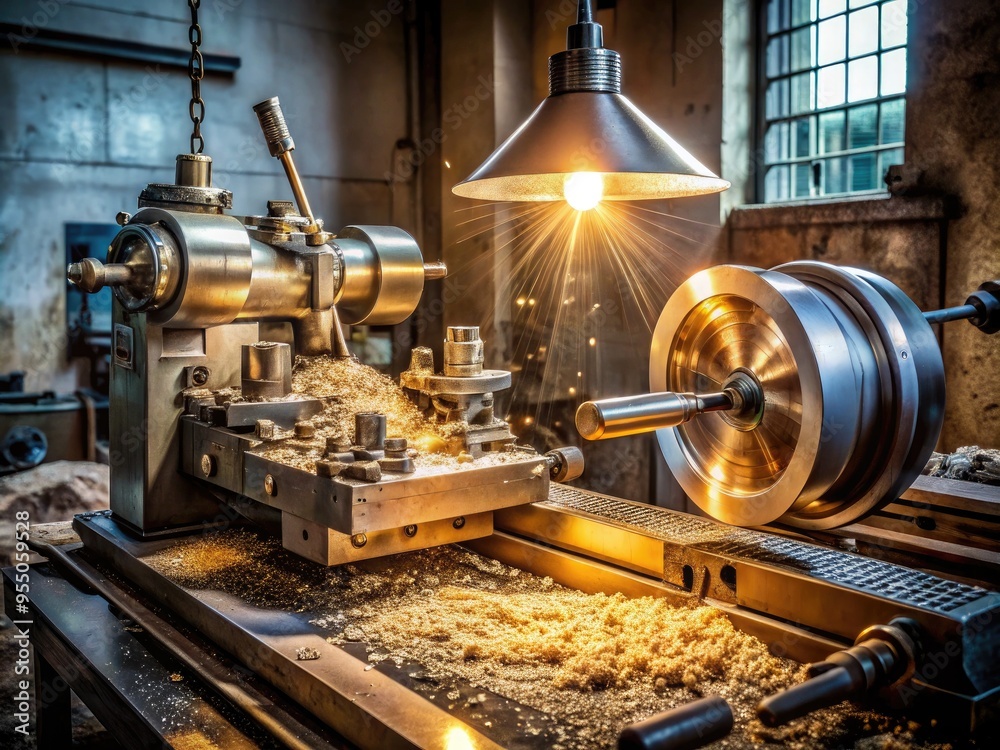 A precision metal lathe stands on a workbench, its spinning chuck and tool rest surrounded by shavings and metal scraps, illuminated by overhead lighting. A precision metal lathe stands on a workbench, its spinning chuck and tool rest surrounded by shavings and metal scraps, illuminated by overhead lighting.
