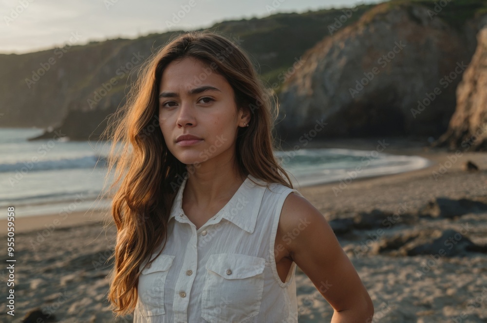 Young woman with long wavy hair standing on a beach, sea in the background. Young woman with long wavy hair standing on a beach, sea in the background.