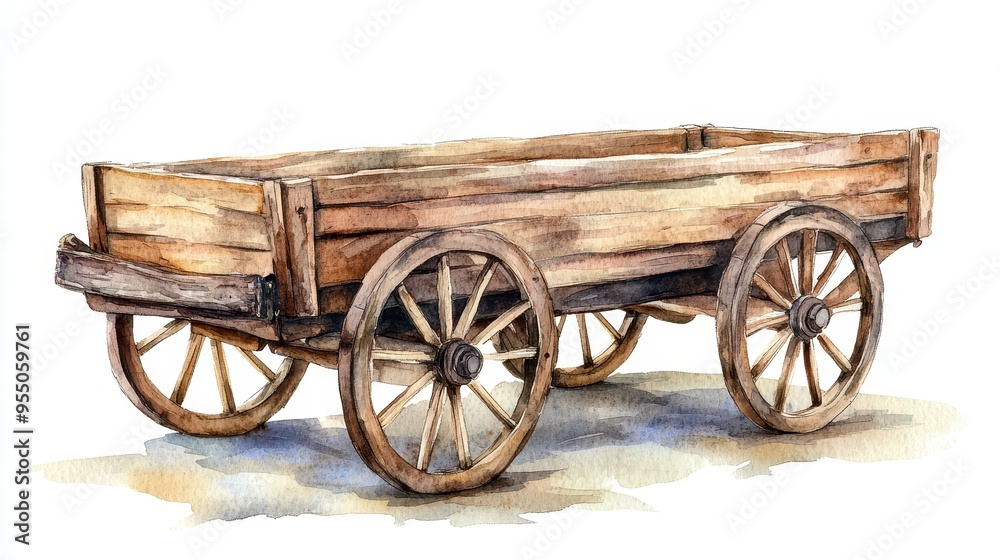 Rustic Wooden Wagon Wheel Cart Watercolor Illustration Rustic Wooden Wagon Wheel Cart Watercolor Illustration