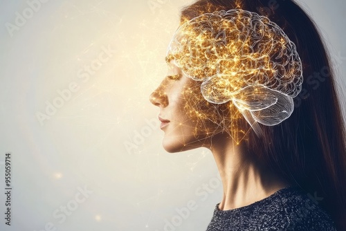 Shared intentionality Cognitive science Profile of a woman with a glowing neural network representing the connection between mind and technology in a bright clean setting photo