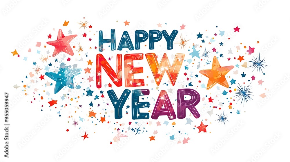 Shimmering Happy New Year 2025 Vector Illustration with Animated Stars and Sparkles in Magical Minimalist Style on White Background