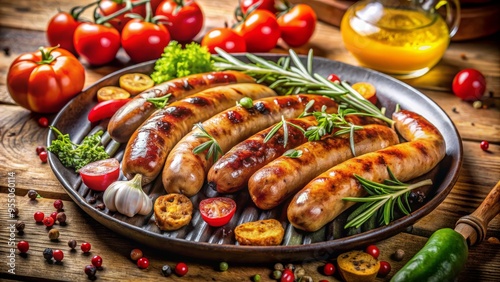 Juicy sausages sizzle on a rustic outdoor grill, surrounded by fresh vegetables and savory seasonings, evoking a sense of summertime backyard barbecues and gatherings. photo