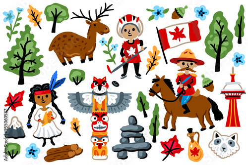 Symbols of Canada. Nature, animals, characters, objects. For maps and children designs. Travel landmarks illustrations. Cartoon style. Childish artwork. A set of North American elements.