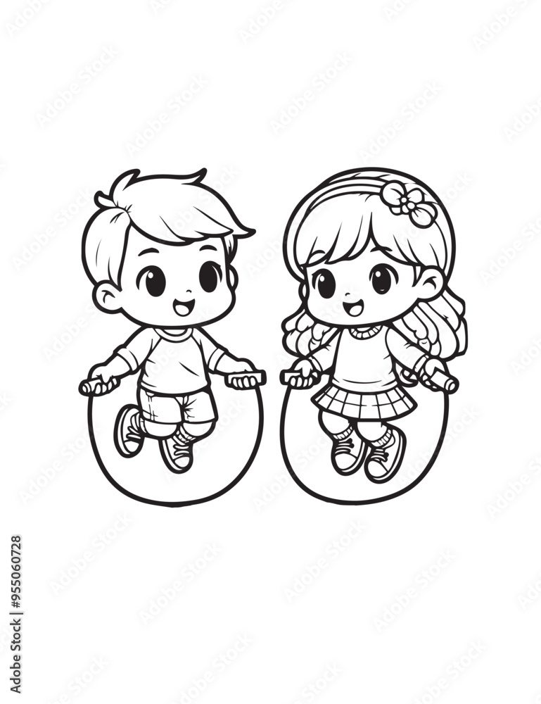 Illustration Coloring draw child playing boy and girl playing jumping rope black and white version good for kids Illustration Coloring draw child playing boy and girl playing jumping rope black and white version good for kids