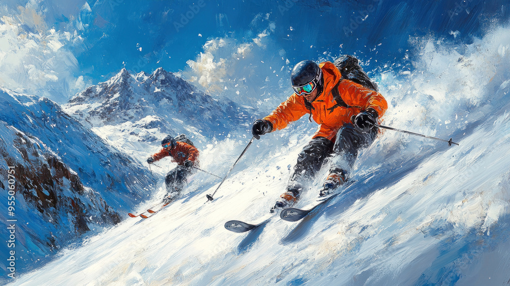 Skiing: Skiers descending a snowy slope, capturing the thrill and excitement of winter sports. Skiing: Skiers descending a snowy slope, capturing the thrill and excitement of winter sports.