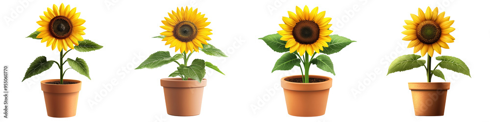 Obraz premium A vibrant collection of sunflowers in pots, showcasing their cheerful yellow blooms and green leaves, perfect for summer themes.