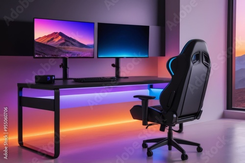 Modern gamer setup room with gamer chair and computer, gradient background, gamer concept.