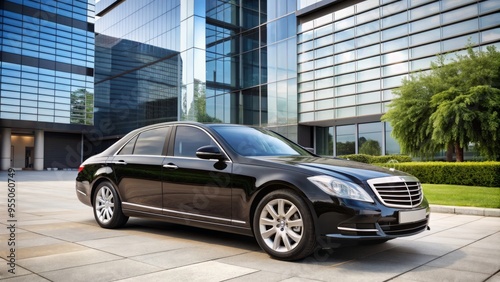 Luxurious black sedan with tinted windows and polished wheels parked in front of a modern office building, ready for executive transportation.