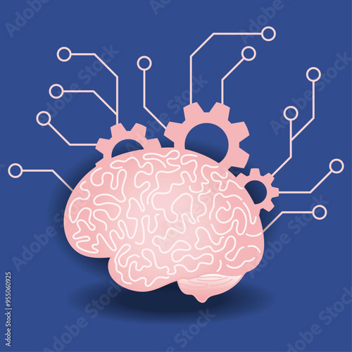 Gearwheels and circuit board connected to human brain to imitate the way that human learn. Machine learning concept vector illustration. 