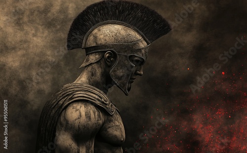 3D rendering of a stone statue of a Spartan warrior wearing a helmet on a dark background.