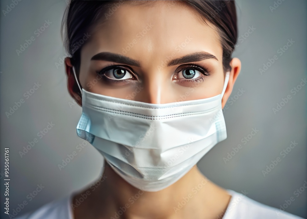 A serene face emerges from a crisp white surgical mask, soft focus and gentle light accentuating the subtle features and calm expression. A serene face emerges from a crisp white surgical mask, soft focus and gentle light accentuating the subtle features and calm expression.