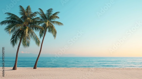 Sunlit beach, palm trees swaying, 3D illustration