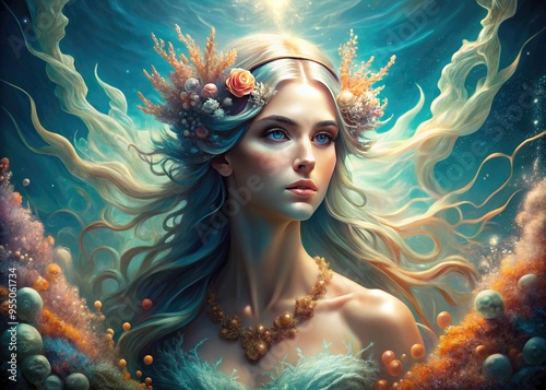 A serene, ethereal goddess rises from the ocean's waves, her flowing locks and shimmering scales glistening with dew-kissed droplets, surrounded by coral and seaweed.