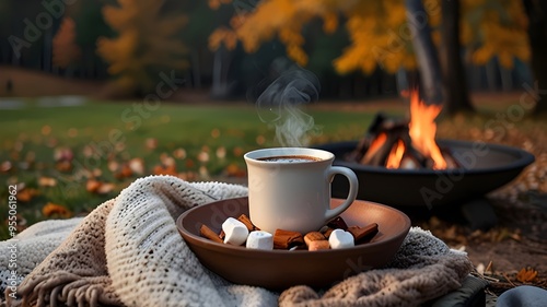 Steaming Hot Cup of Coffee with Blankets, Outdoor Autumn Setting
