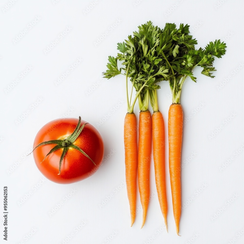 Fresh, colorful vegetables on white background. A vibrant red tomato, crisp orange carrots, and a stalk of green parsley artfully arranged on a clean white Fresh, colorful vegetables on white background. A vibrant red tomato, crisp orange carrots, and a stalk of green parsley artfully arranged on a clean white
