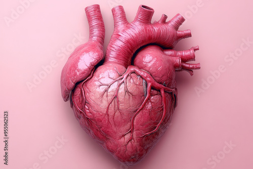 A detailed anatomical illustration of the human heart with labeled parts, showing arteries, veins, and chambers, isolated on a soft pastel pink background,