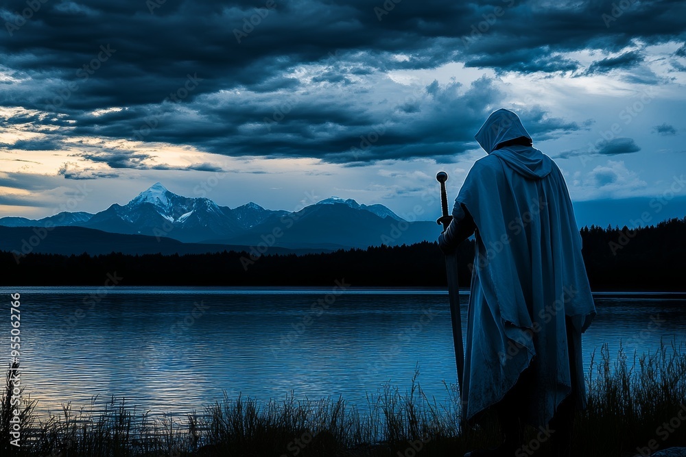 Fototapeta premium He is posing near the water during sunset with the sword in a white costume.